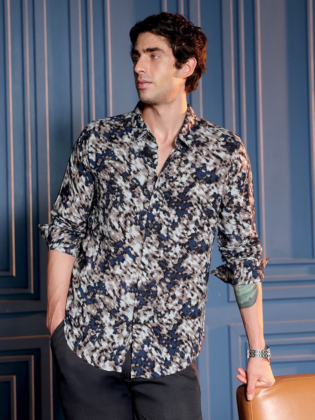 Men Nylon Blend Regular Abstract Shirt