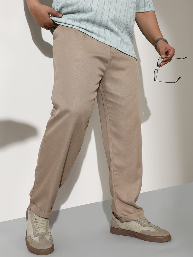 Men Sand Beige Pleated-Tailored Trousers