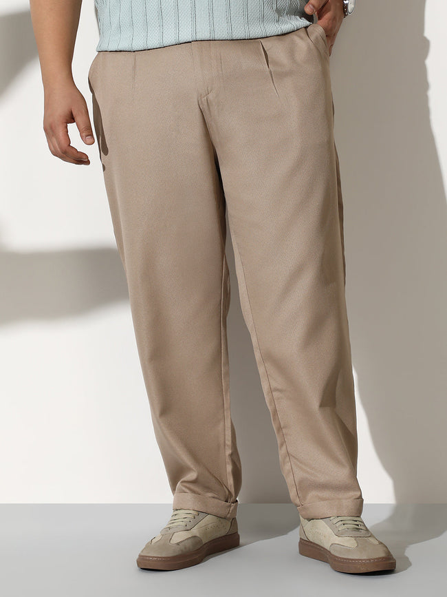 Men Sand Beige Pleated-Tailored Trousers