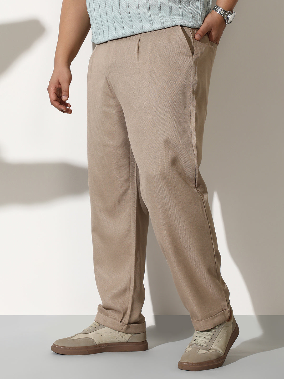 Men Sand Beige Pleated-Tailored Trousers