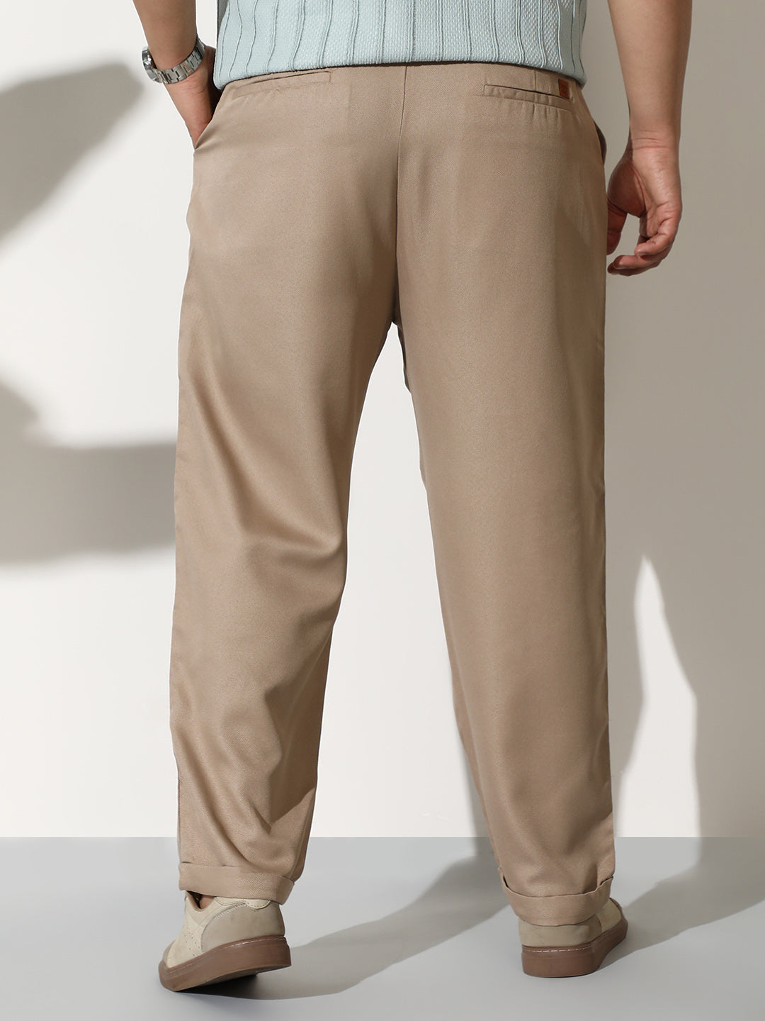 Men Sand Beige Pleated-Tailored Trousers