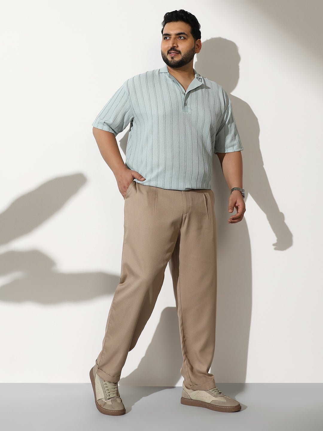 Men Sand Beige Pleated-Tailored Trousers