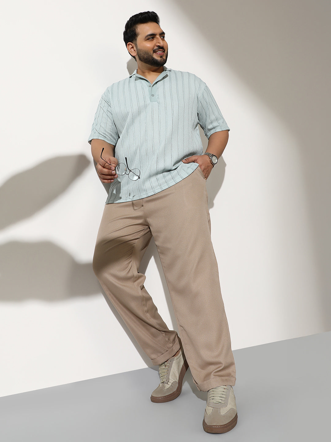Men Sand Beige Pleated-Tailored Trousers