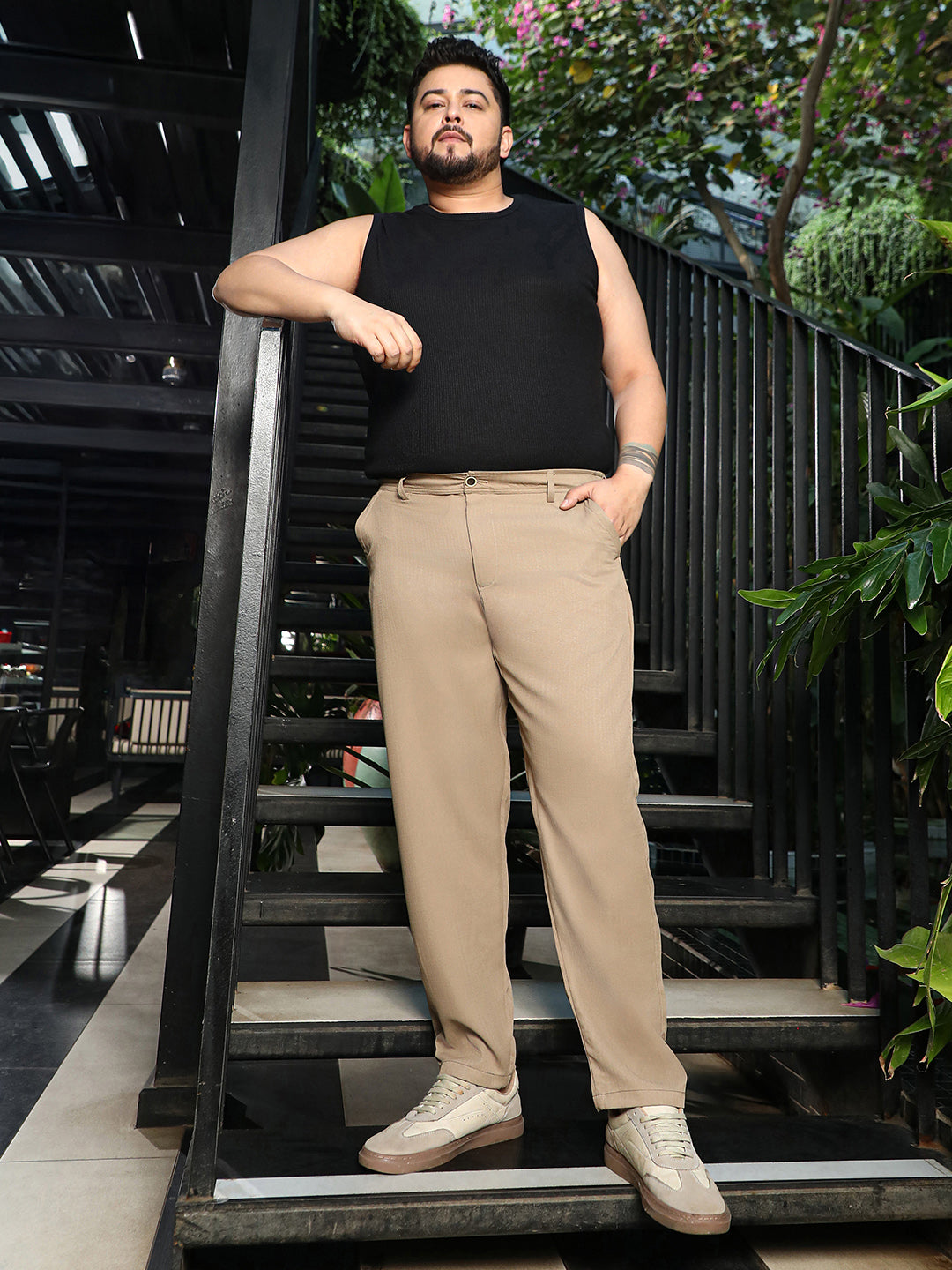 Men Sand Beige Tailored-Chinotrousers