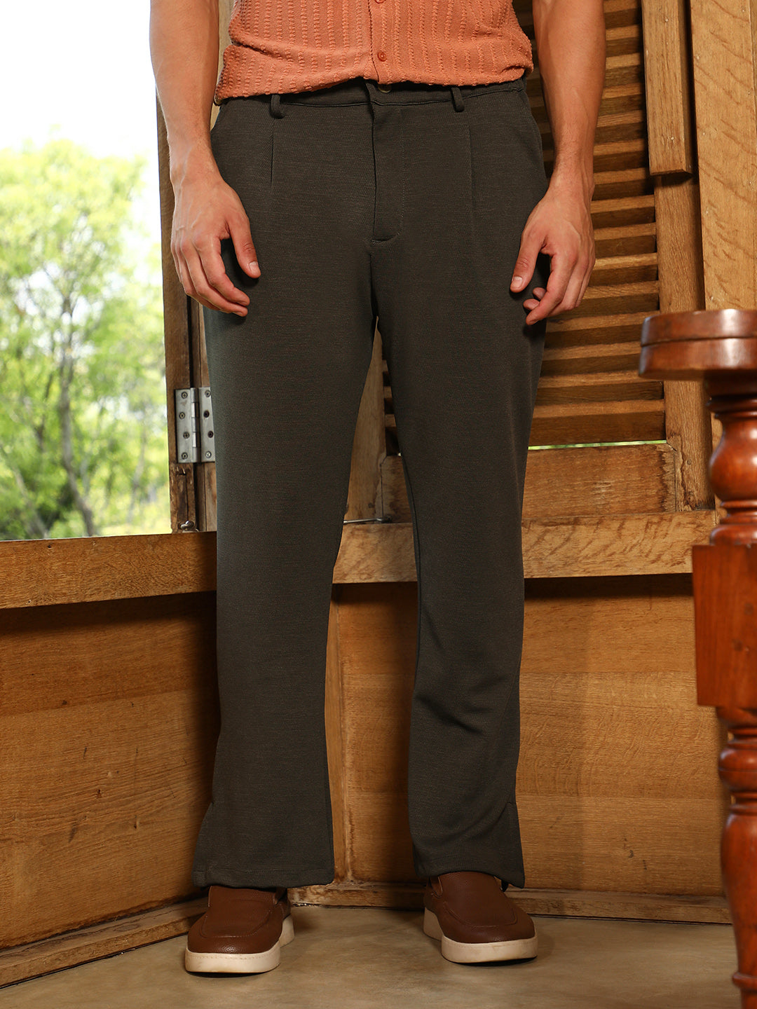 Men Blended Straight Solid Trousers