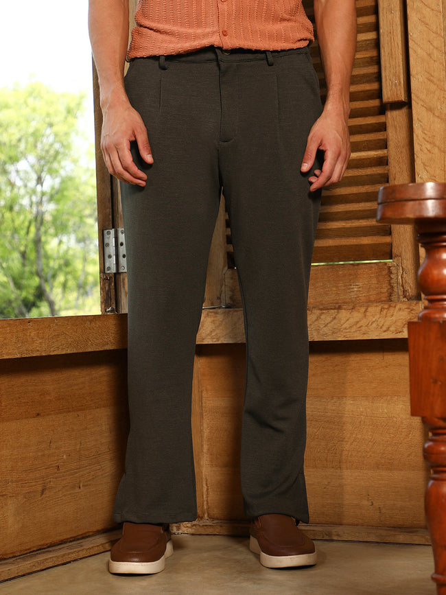 Men Blended Straight Solid Trousers