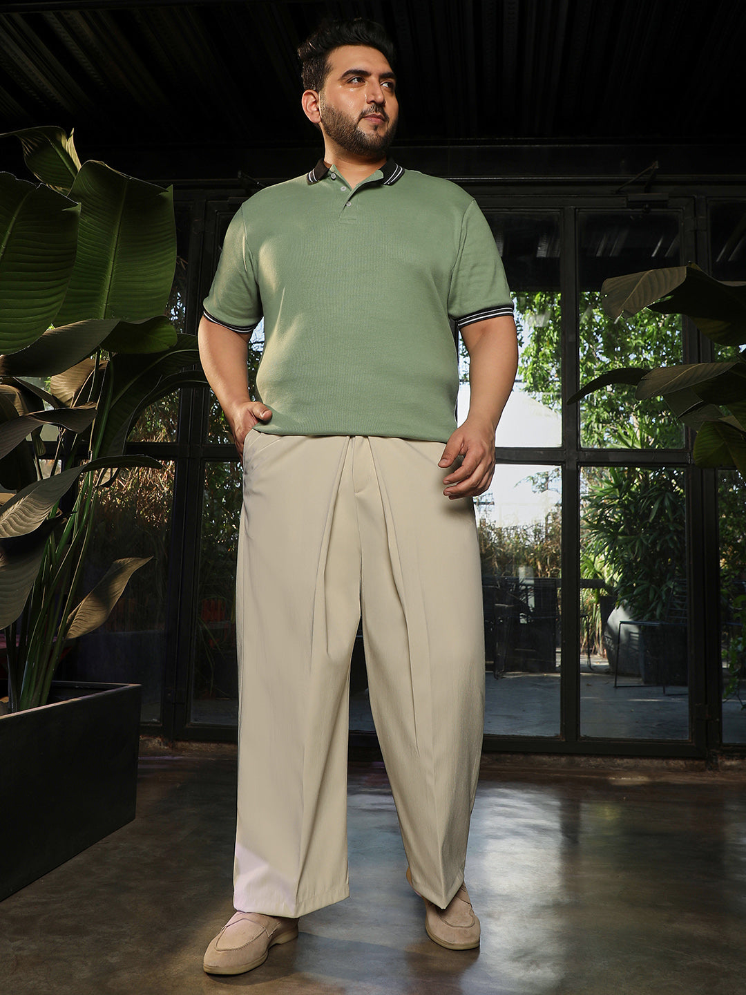 Men Beige Mid-Rise Wide Leg Trouser