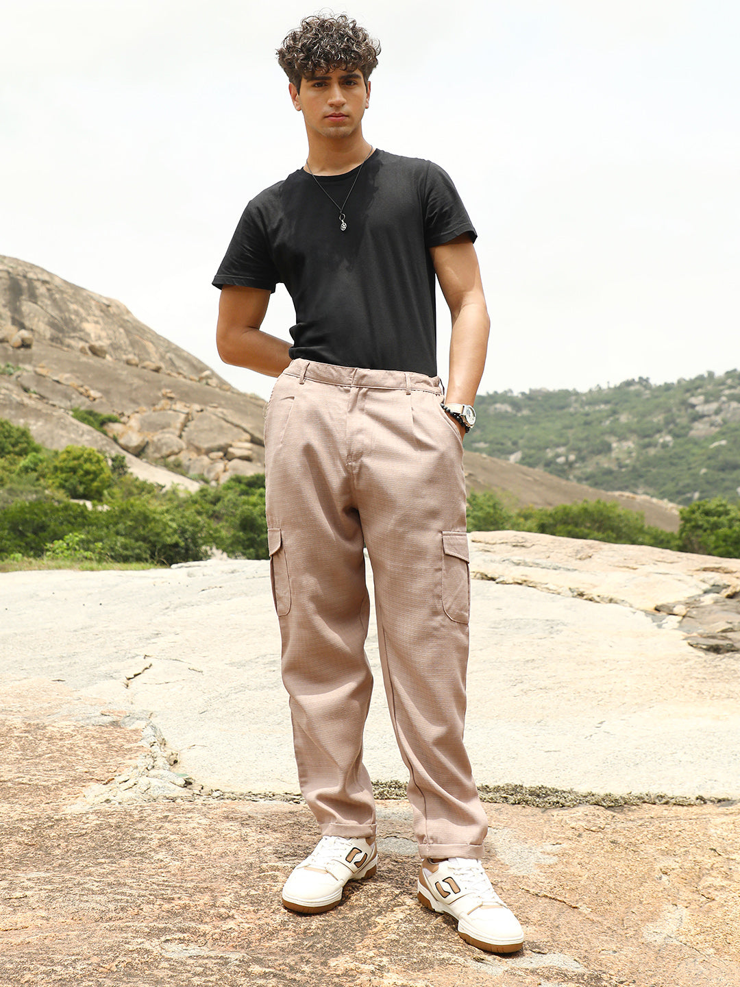 Men Light Weight Sand Beige Utility Relaxed-Chino Trousers