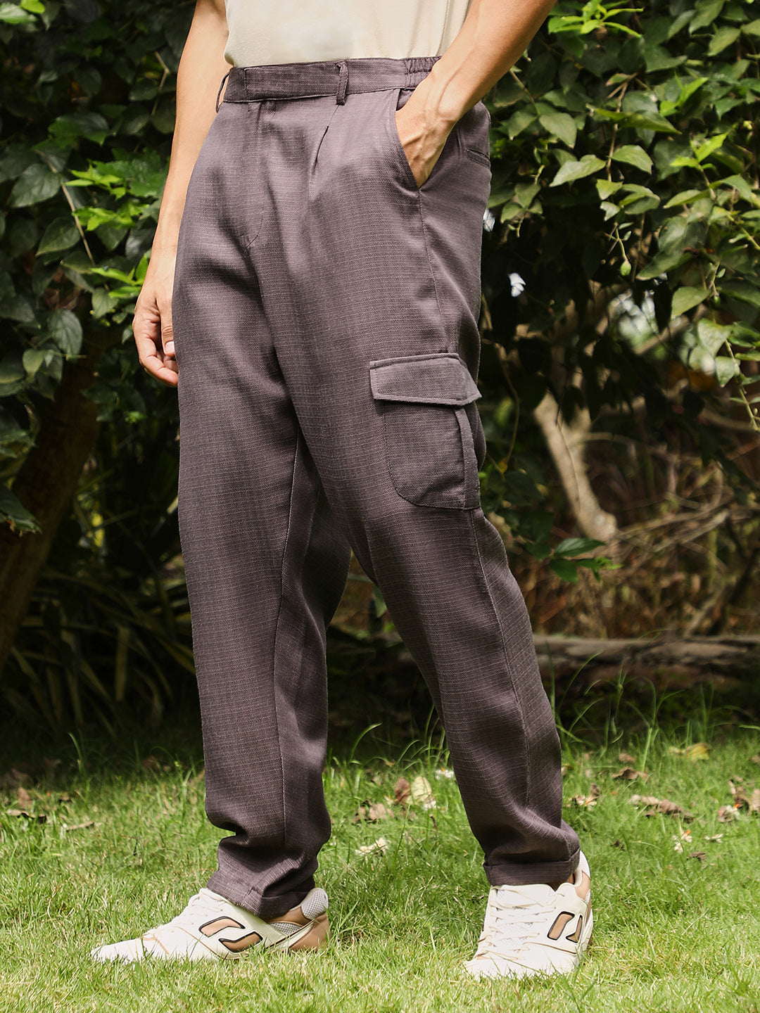 Men Coffee Brown Pleated Utility-Tapered Trousers