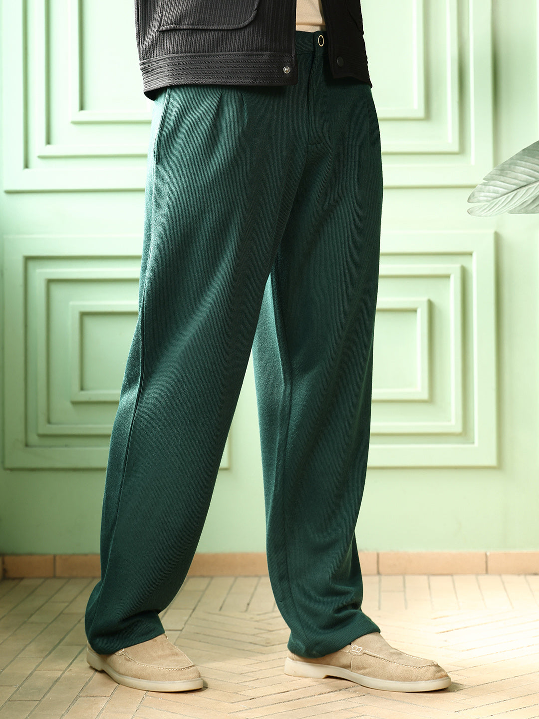 Men Sacramento Green Pleated-Ribbed Trousers