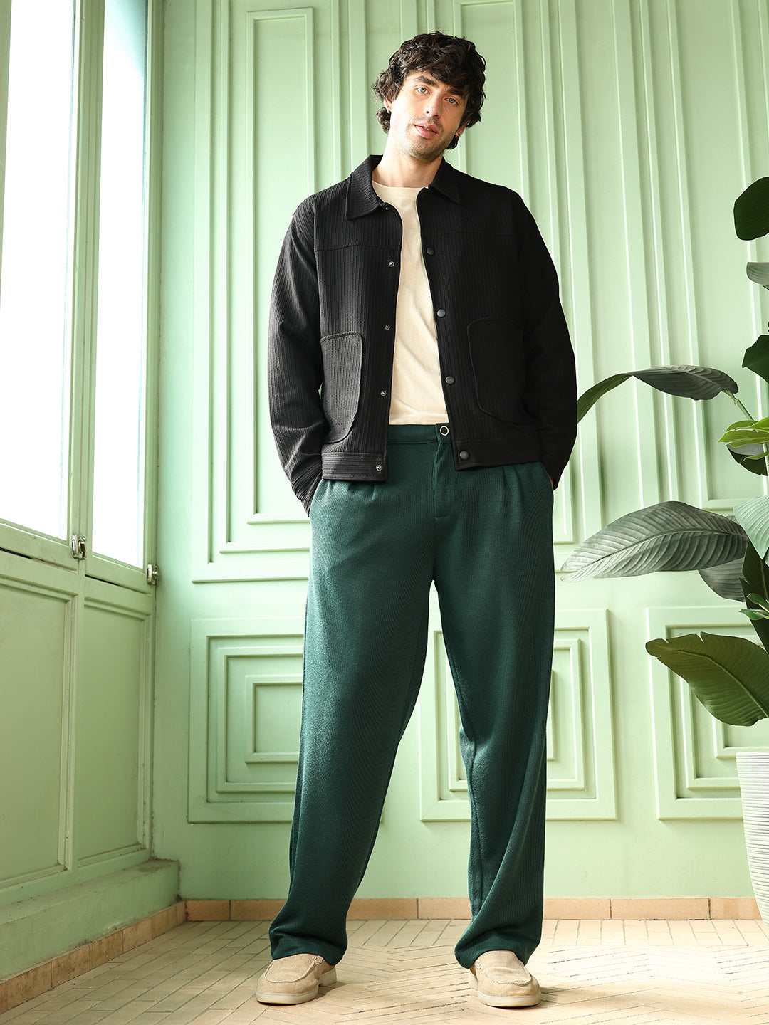 Men Sacramento Green Pleated-Ribbed Trousers