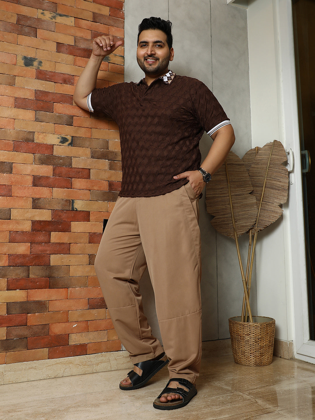 Men Desert Beige Panelled Chino Trousers