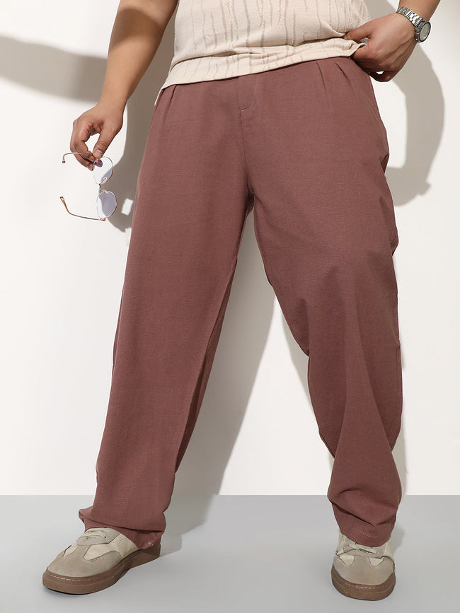 Men Grape Brown Linen-Blend Pleated Trousers