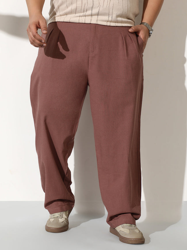 Men Grape Brown Linen-Blend Pleated Trousers