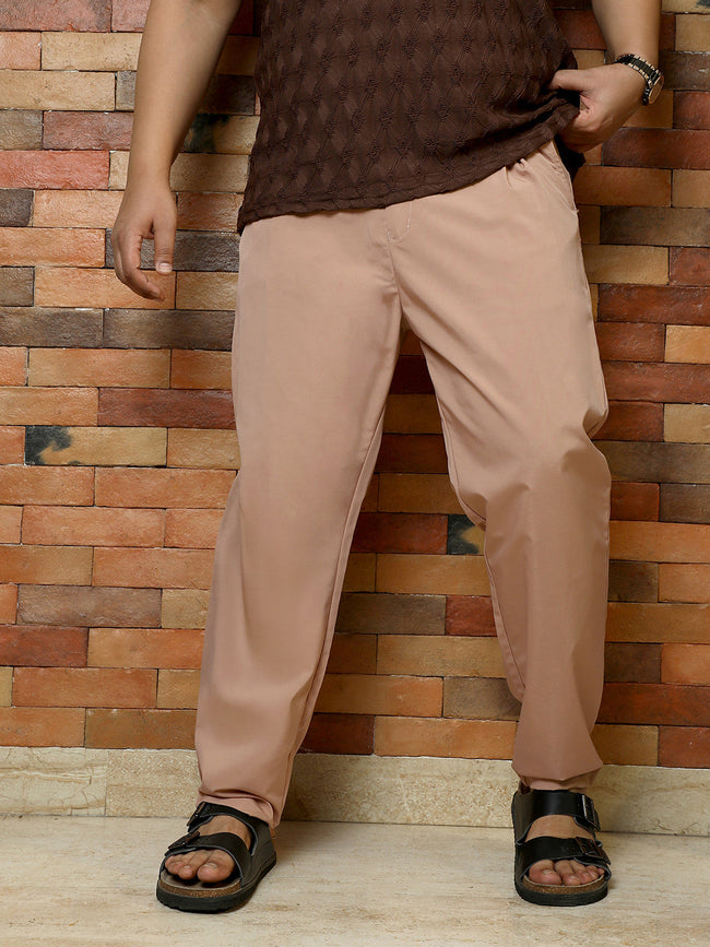 Men Desert Beige Solid Pleated Tailored Trousers