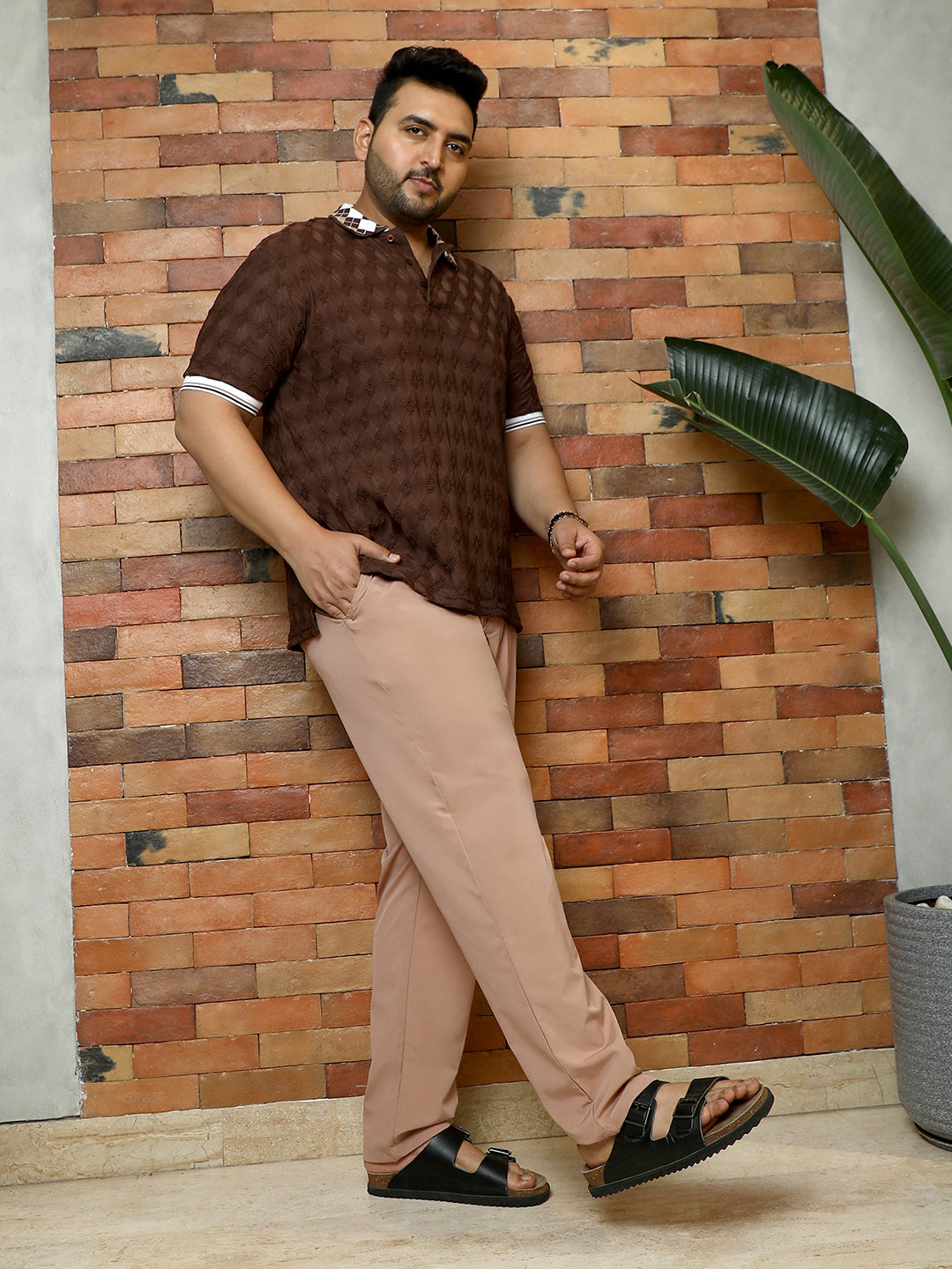 Men Desert Beige Solid Pleated Tailored Trousers