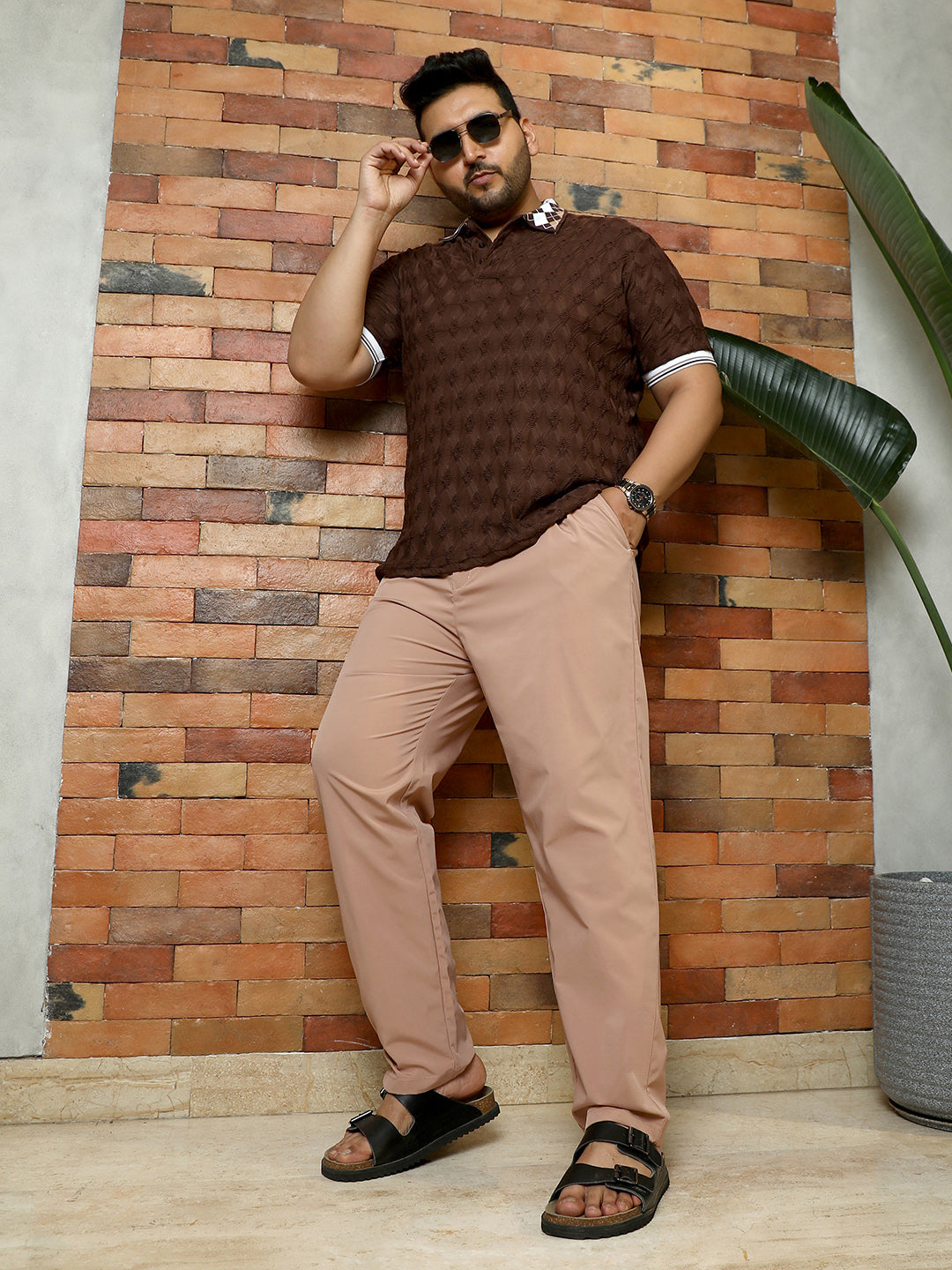 Men Desert Beige Solid Pleated Tailored Trousers