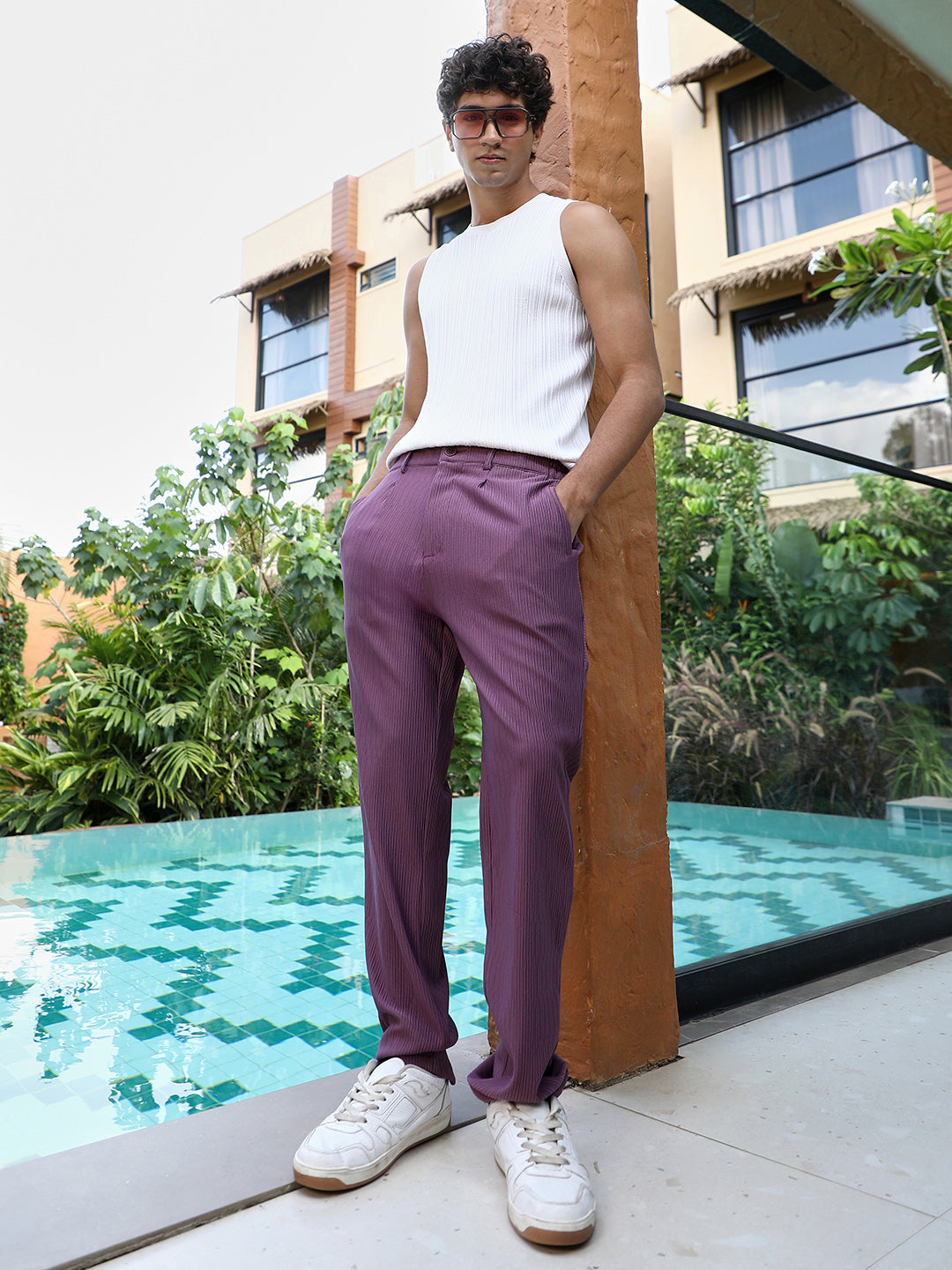 Men Grape Purple Textured-Pleated Tailored Trousers