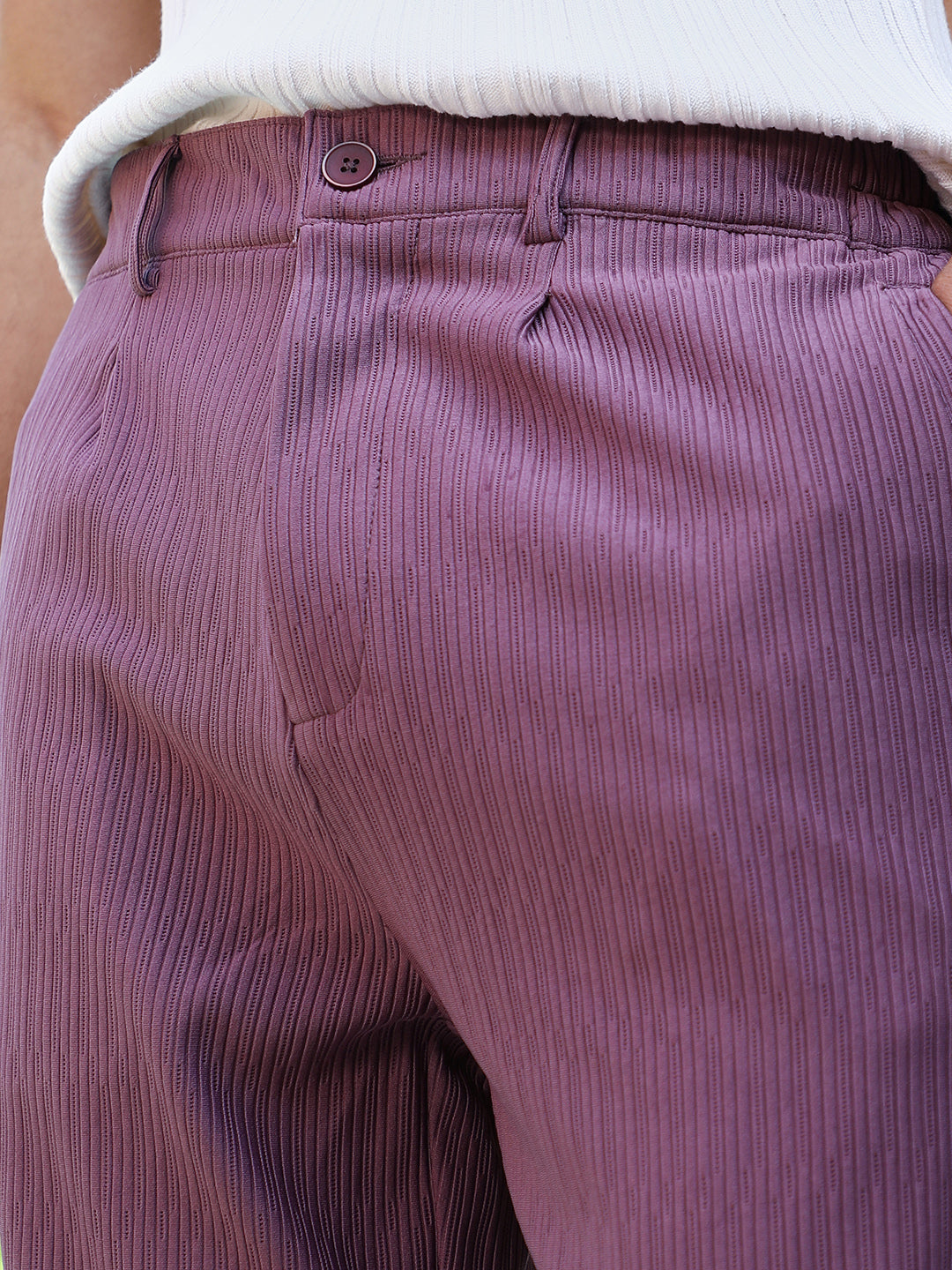 Men Grape Purple Textured-Pleated Tailored Trousers