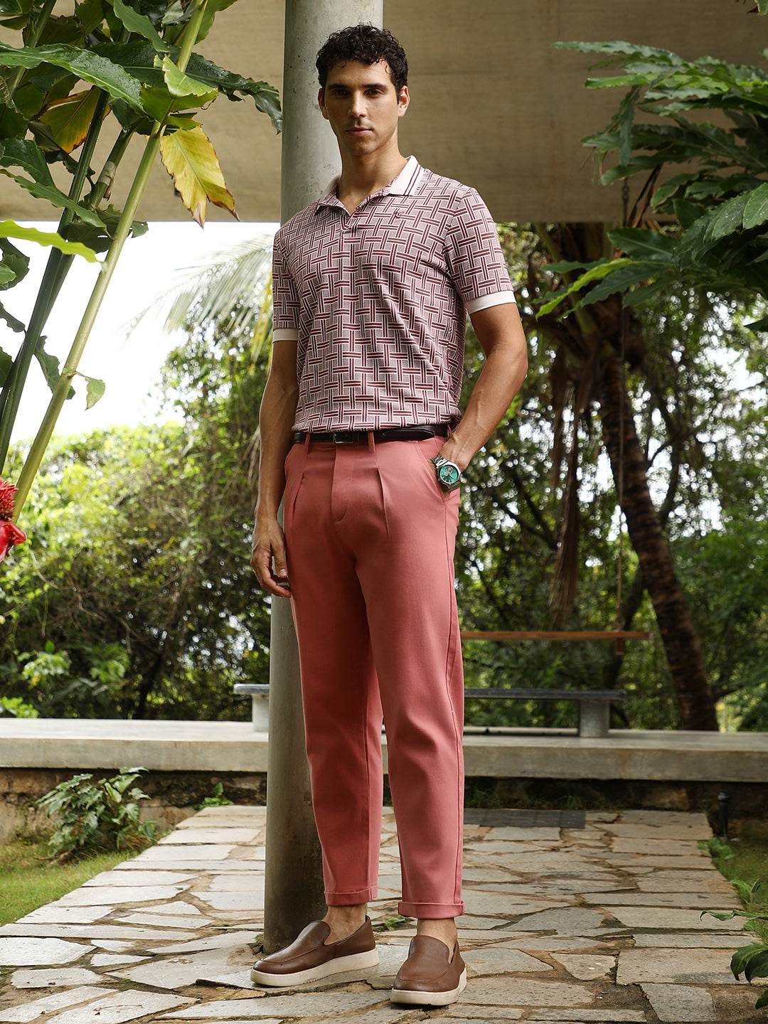 Men Coral Pink Pleated-Cuffed Tailored Trousers