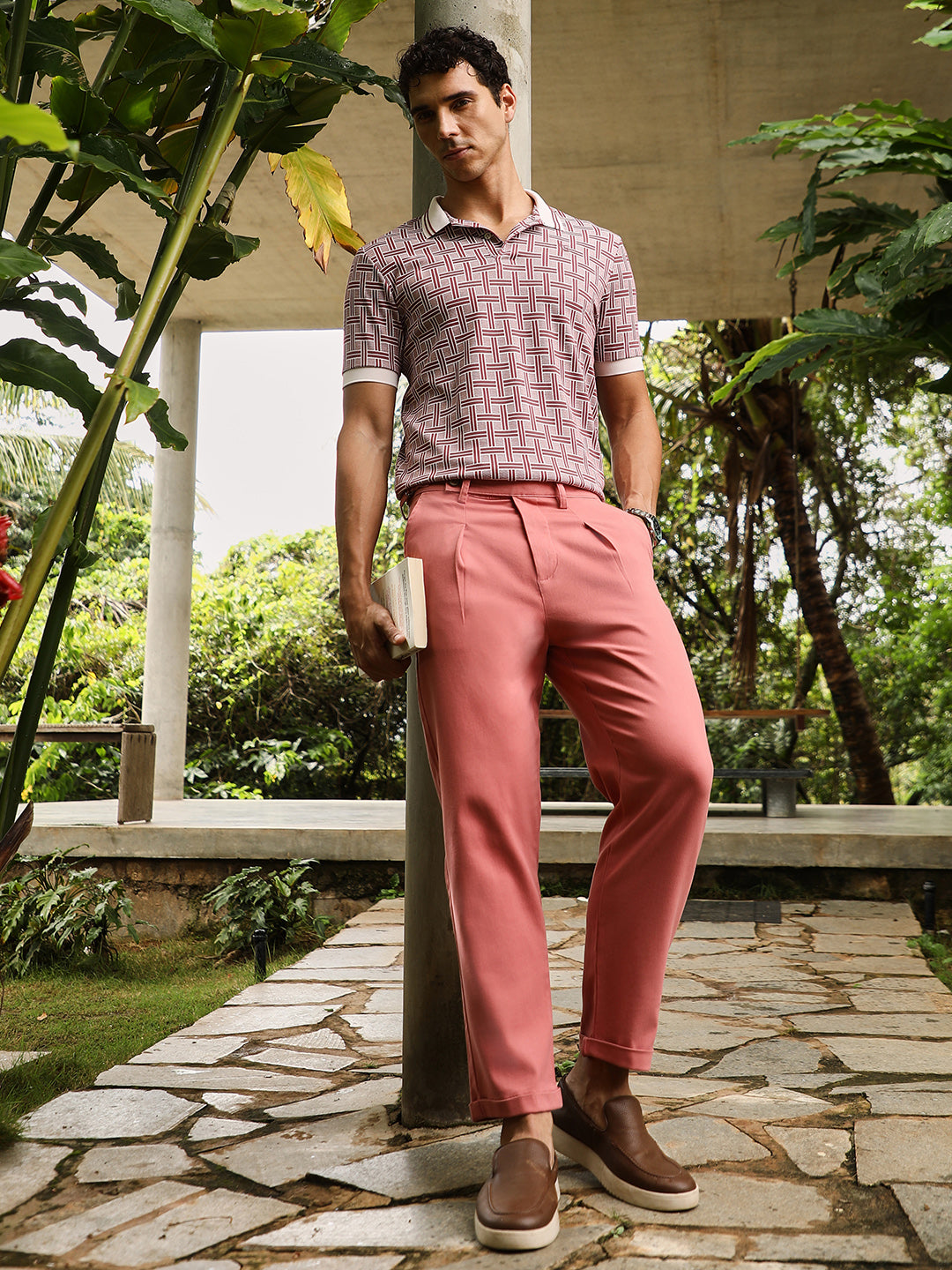 Men Coral Pink Pleated-Cuffed Tailored Trousers