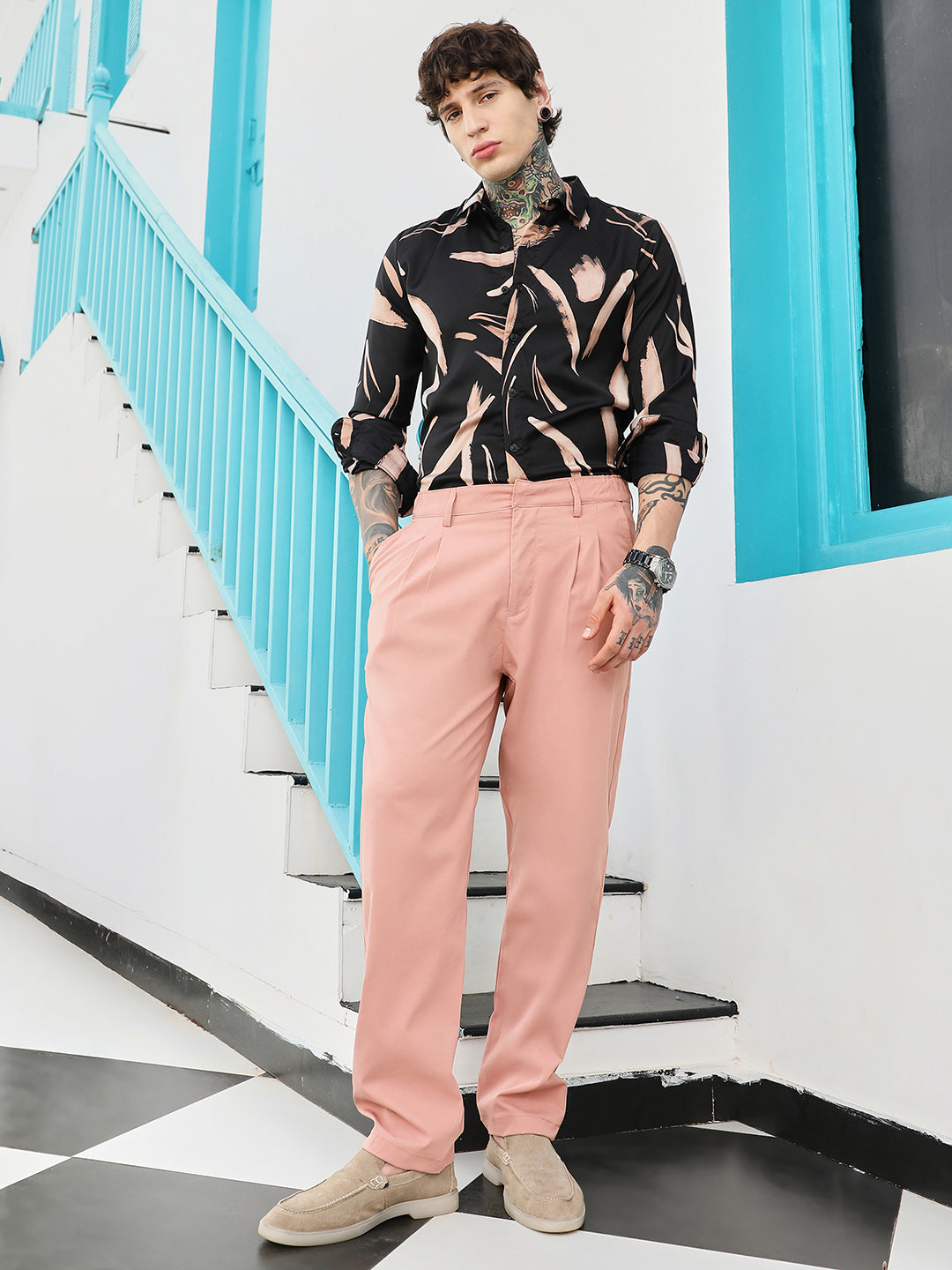 Men Mauve Pink Double-Pleated Tailored Trousers