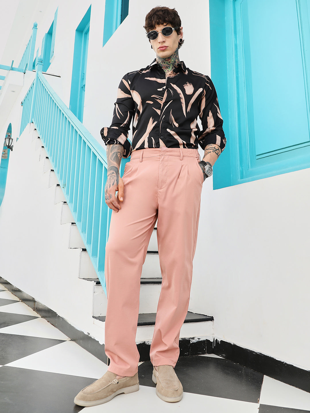 Men Mauve Pink Double-Pleated Tailored Trousers