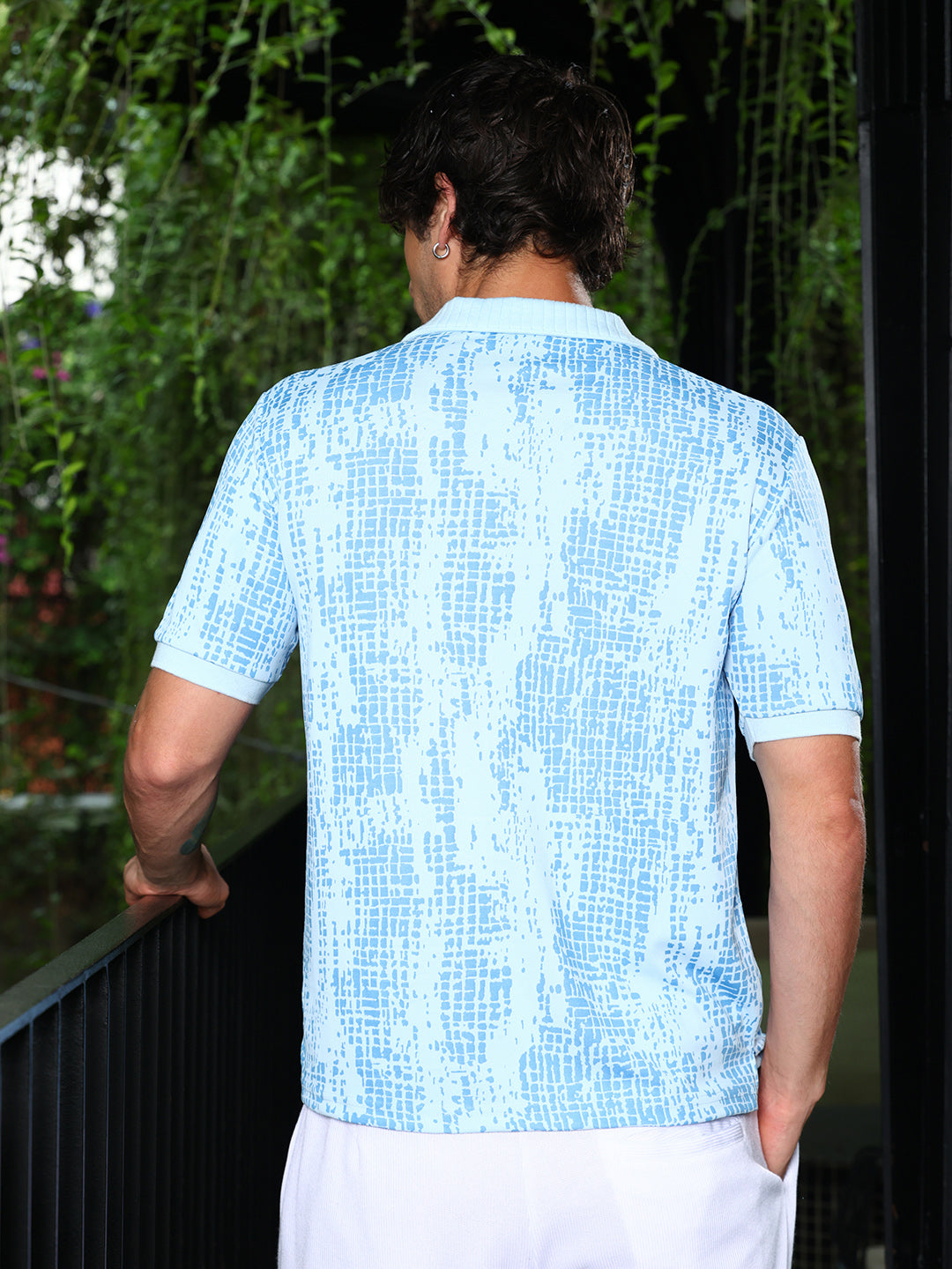 Men Sky Blue Abstract-Gravel Print Polo T-Shirt