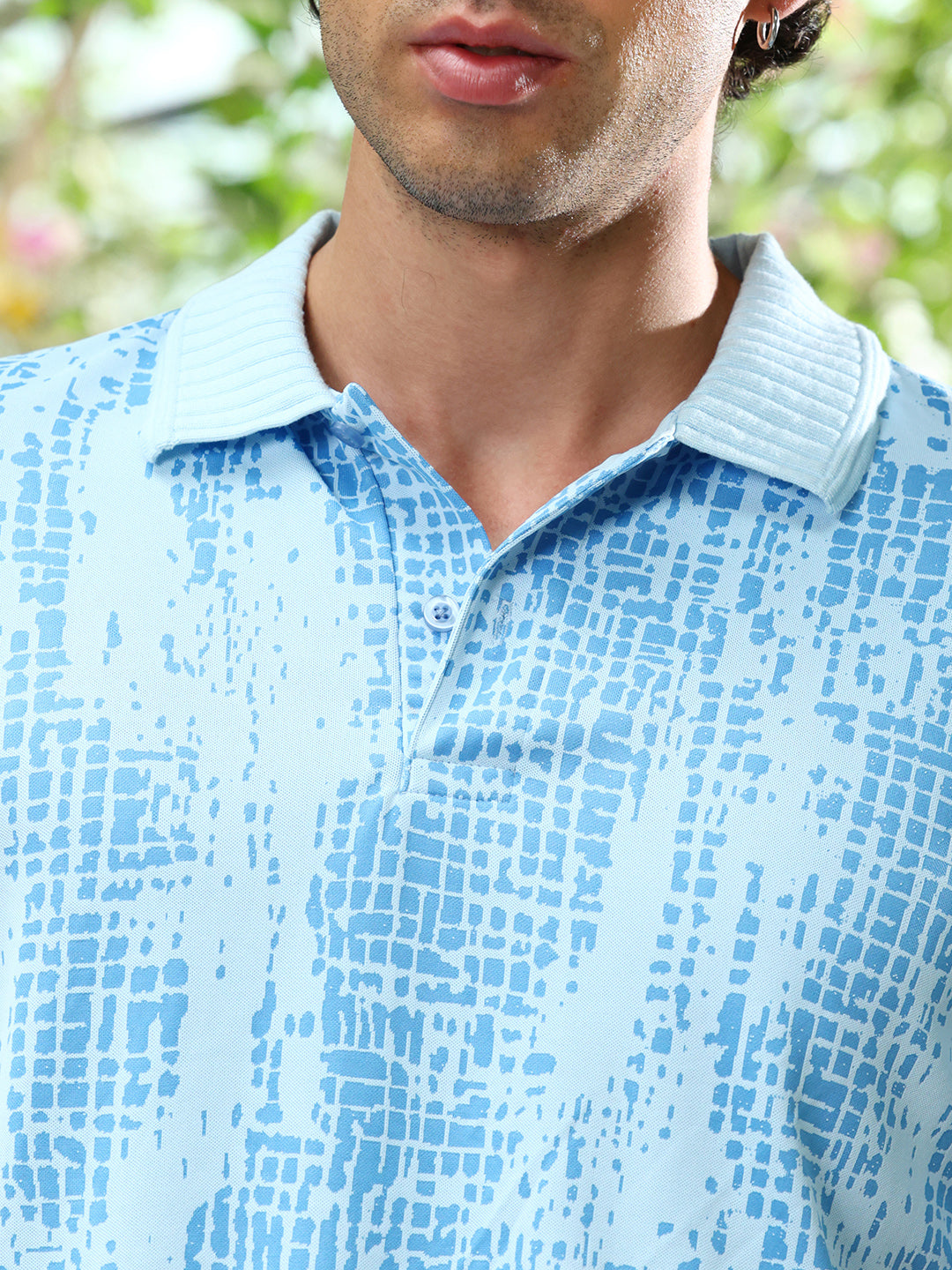 Men Sky Blue Abstract-Gravel Print Polo T-Shirt
