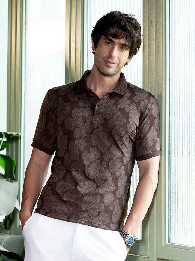 Men Chocolate Brown Smear-Jacquard Polo T-Shirt
