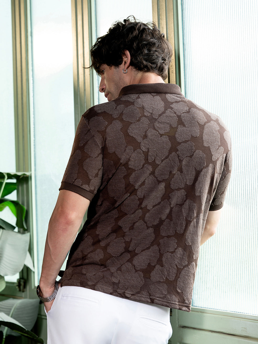 Men Chocolate Brown Smear-Jacquard Polo T-Shirt