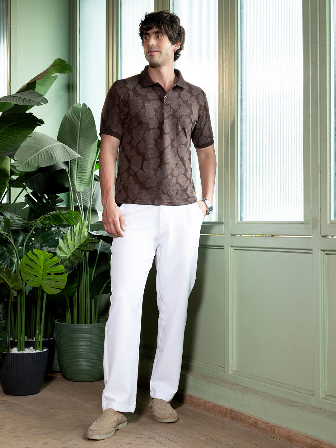 Men Chocolate Brown Smear-Jacquard Polo T-Shirt