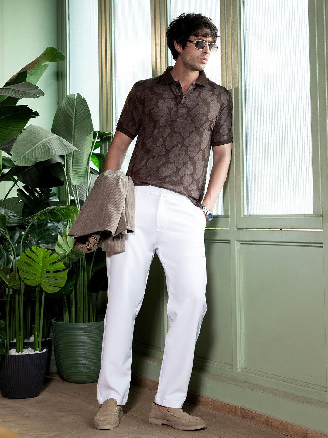 Men Chocolate Brown Smear-Jacquard Polo T-Shirt
