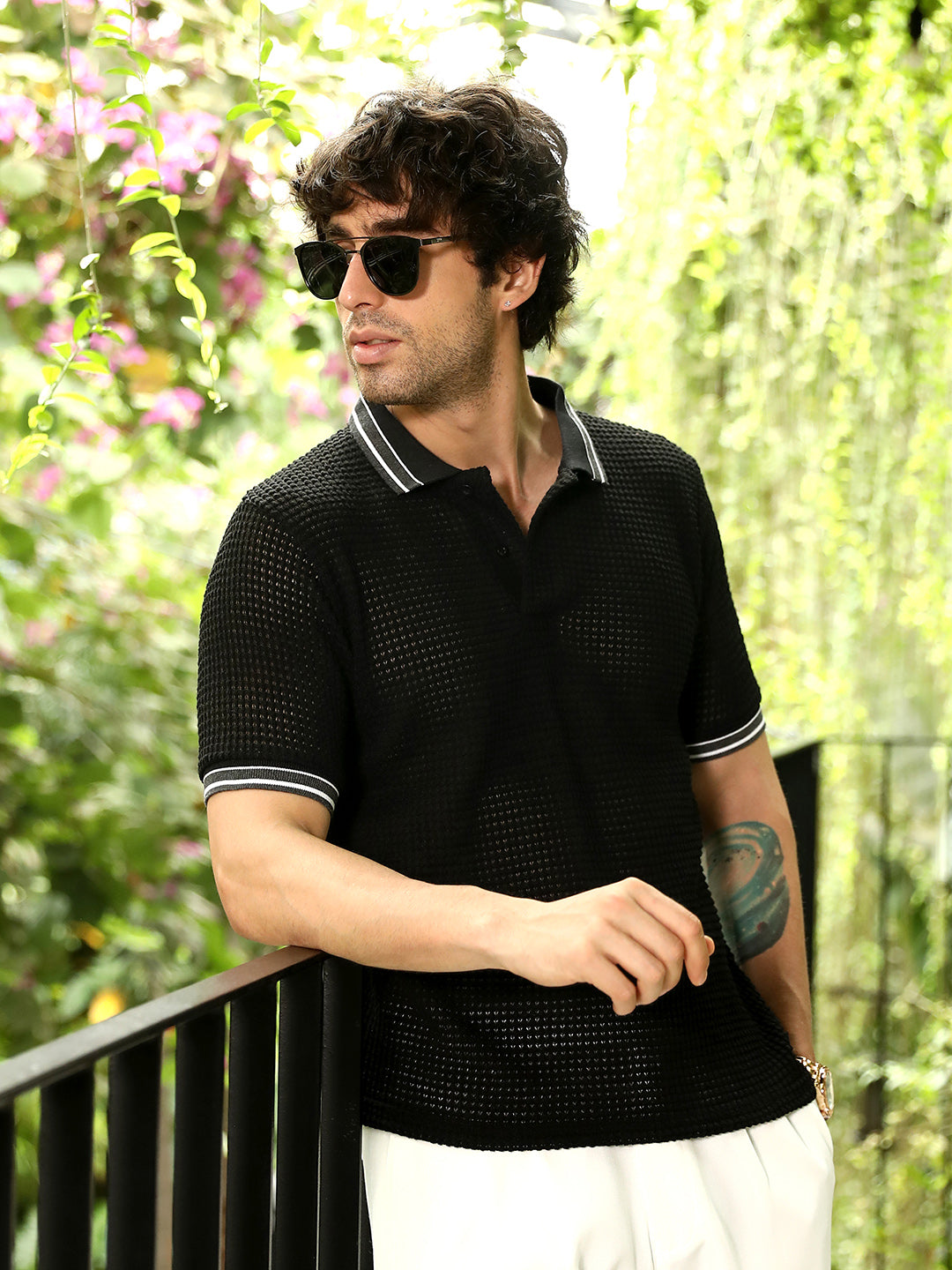 Men Onyx Black Loose-Knit Polo T-Shirt