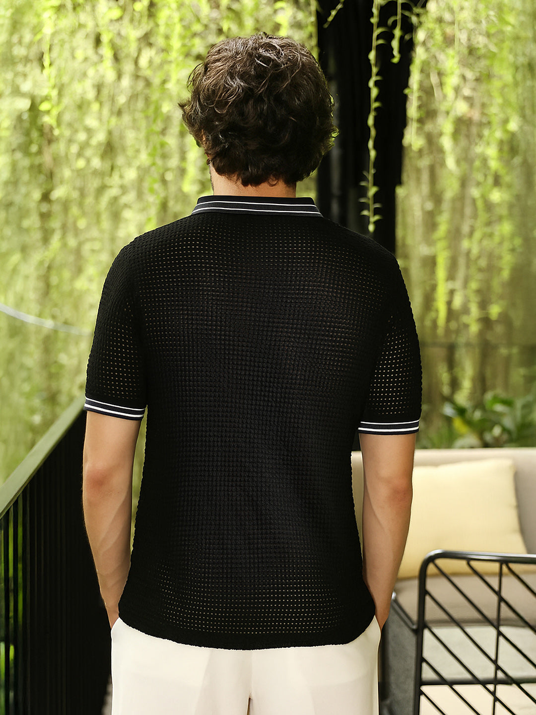 Men Onyx Black Loose-Knit Polo T-Shirt