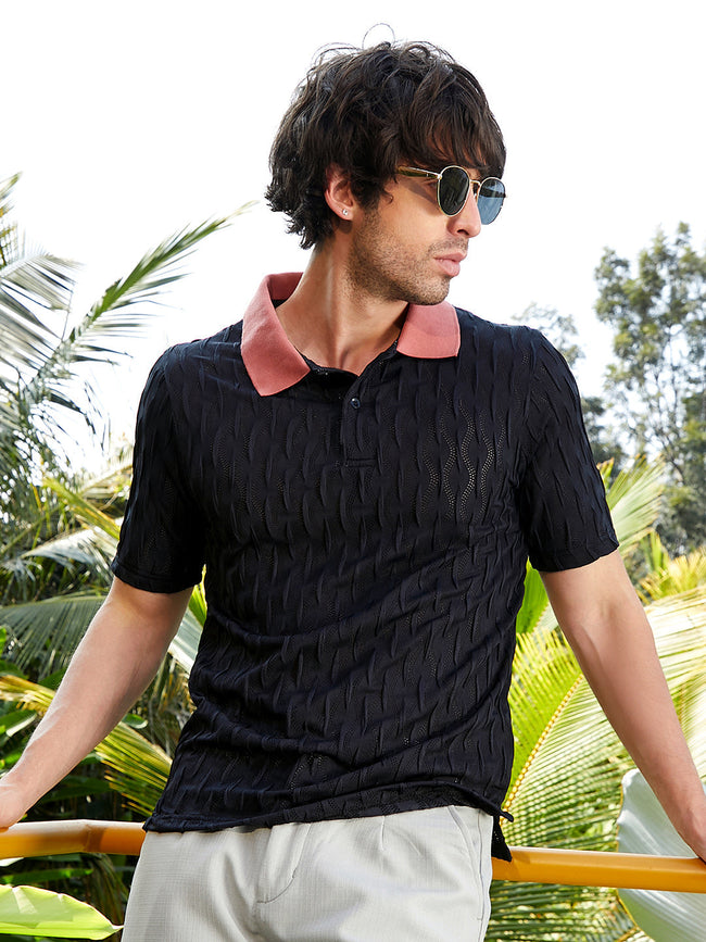 Men Onyx Black Swirl-Ruche Polo T-Shirt