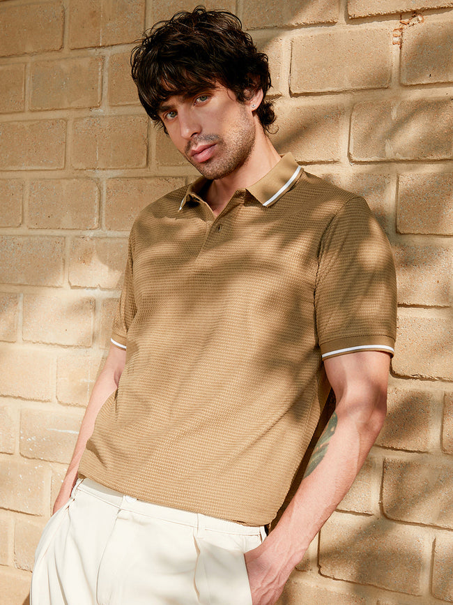 Men Camel Brown Cubic-Jacquard Polo T-Shirt