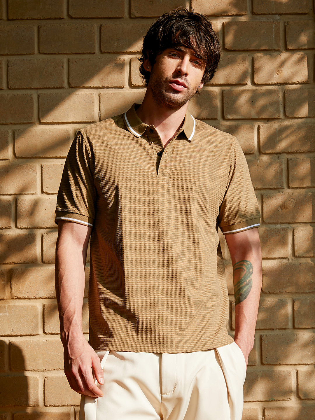 Men Camel Brown Cubic-Jacquard Polo T-Shirt