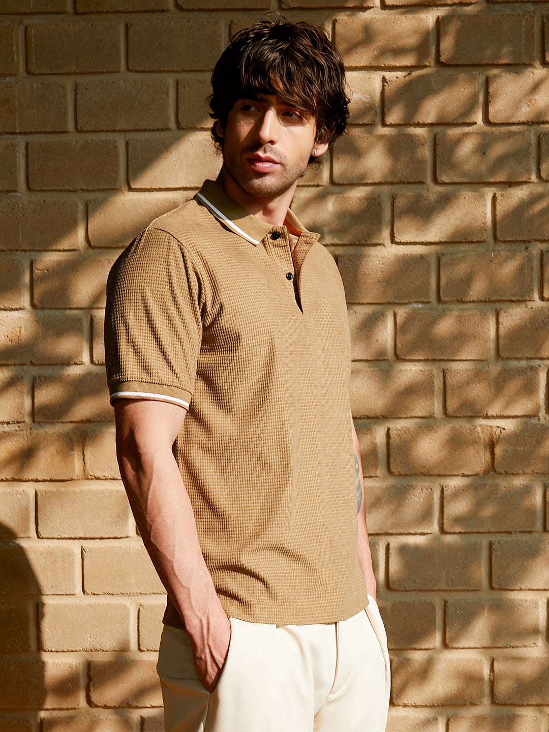 Men Camel Brown Cubic-Jacquard Polo T-Shirt