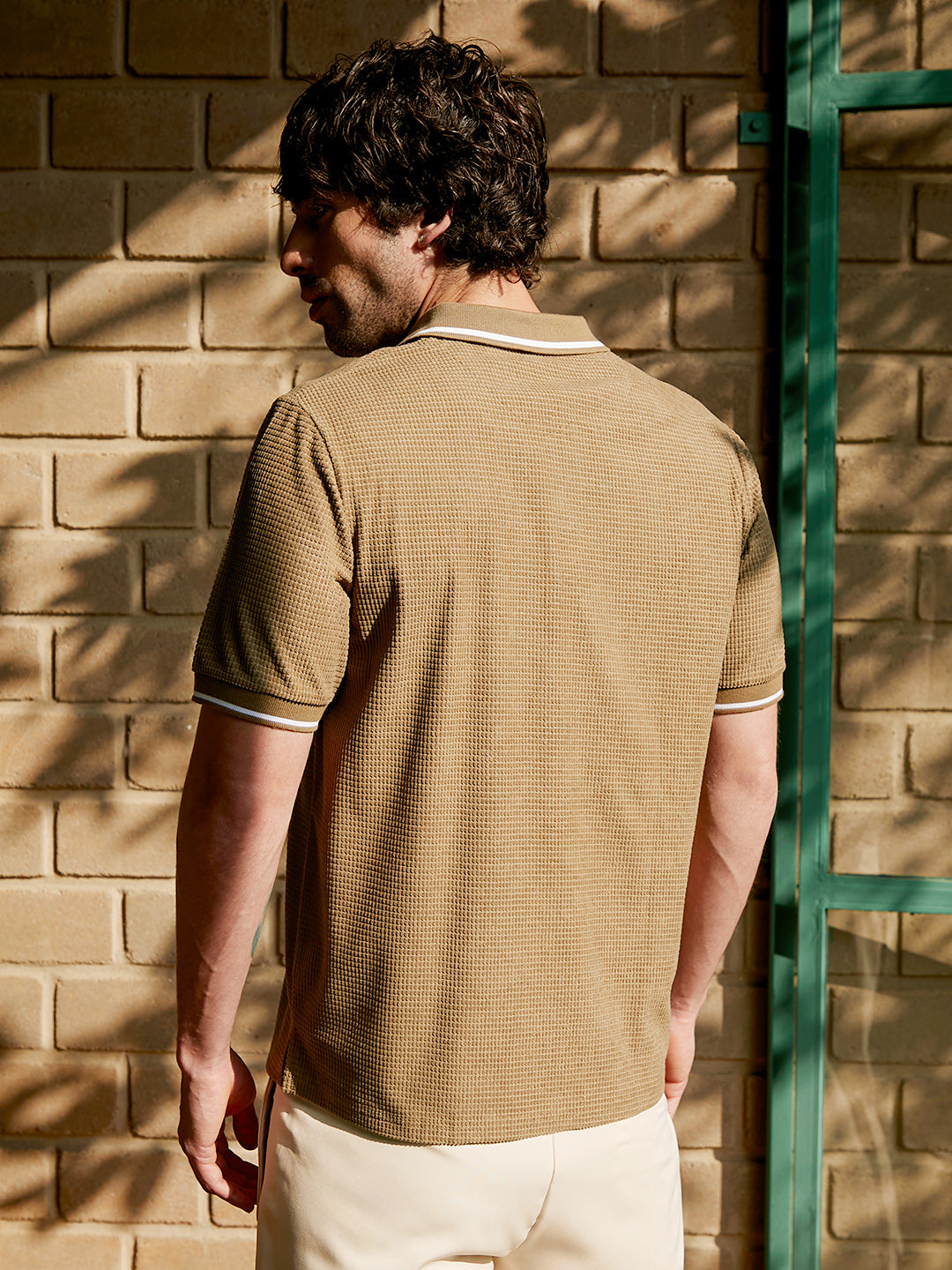 Men Camel Brown Cubic-Jacquard Polo T-Shirt