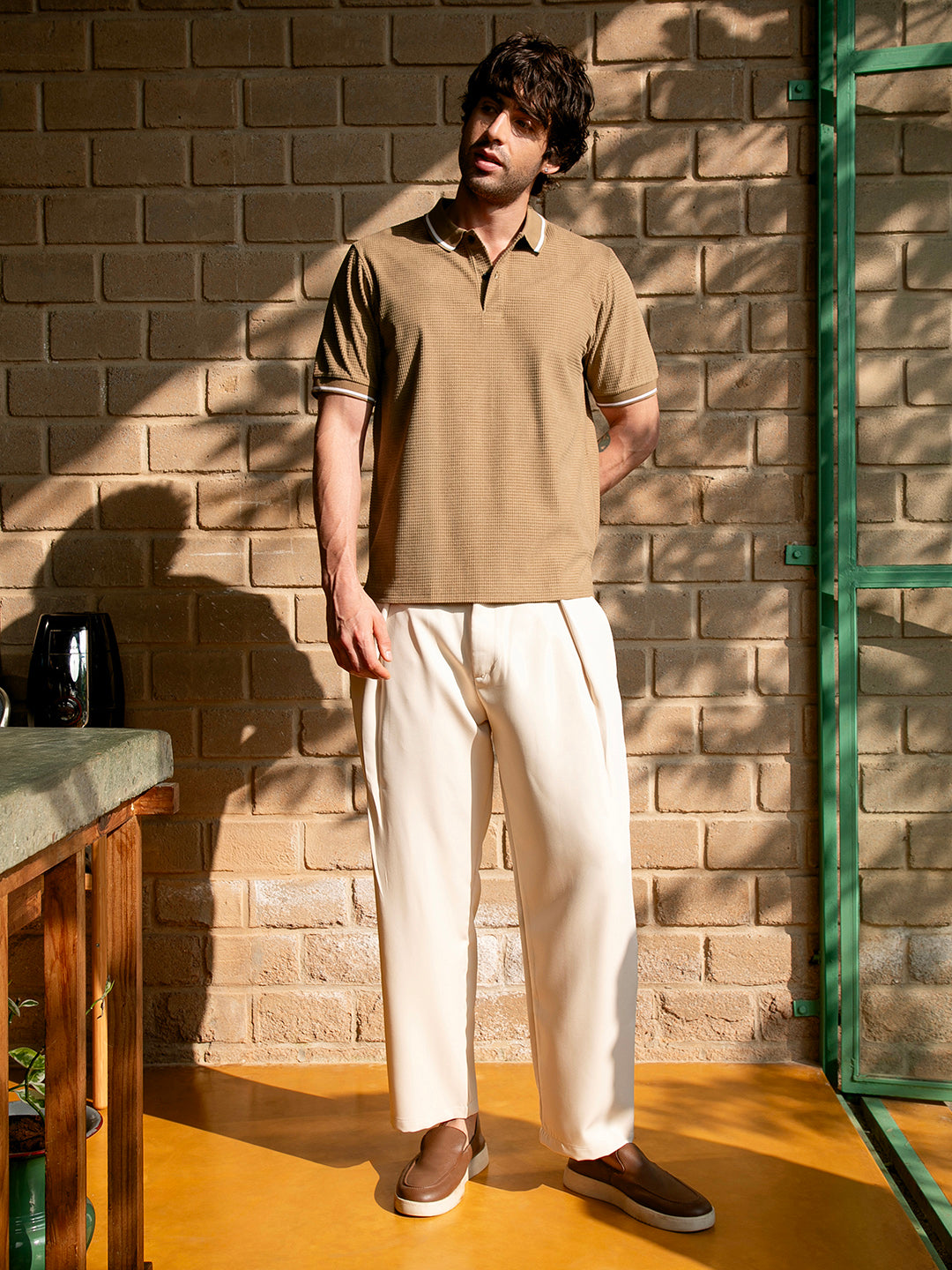 Men Camel Brown Cubic-Jacquard Polo T-Shirt