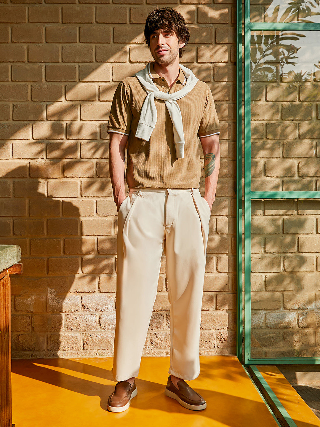 Men Camel Brown Cubic-Jacquard Polo T-Shirt