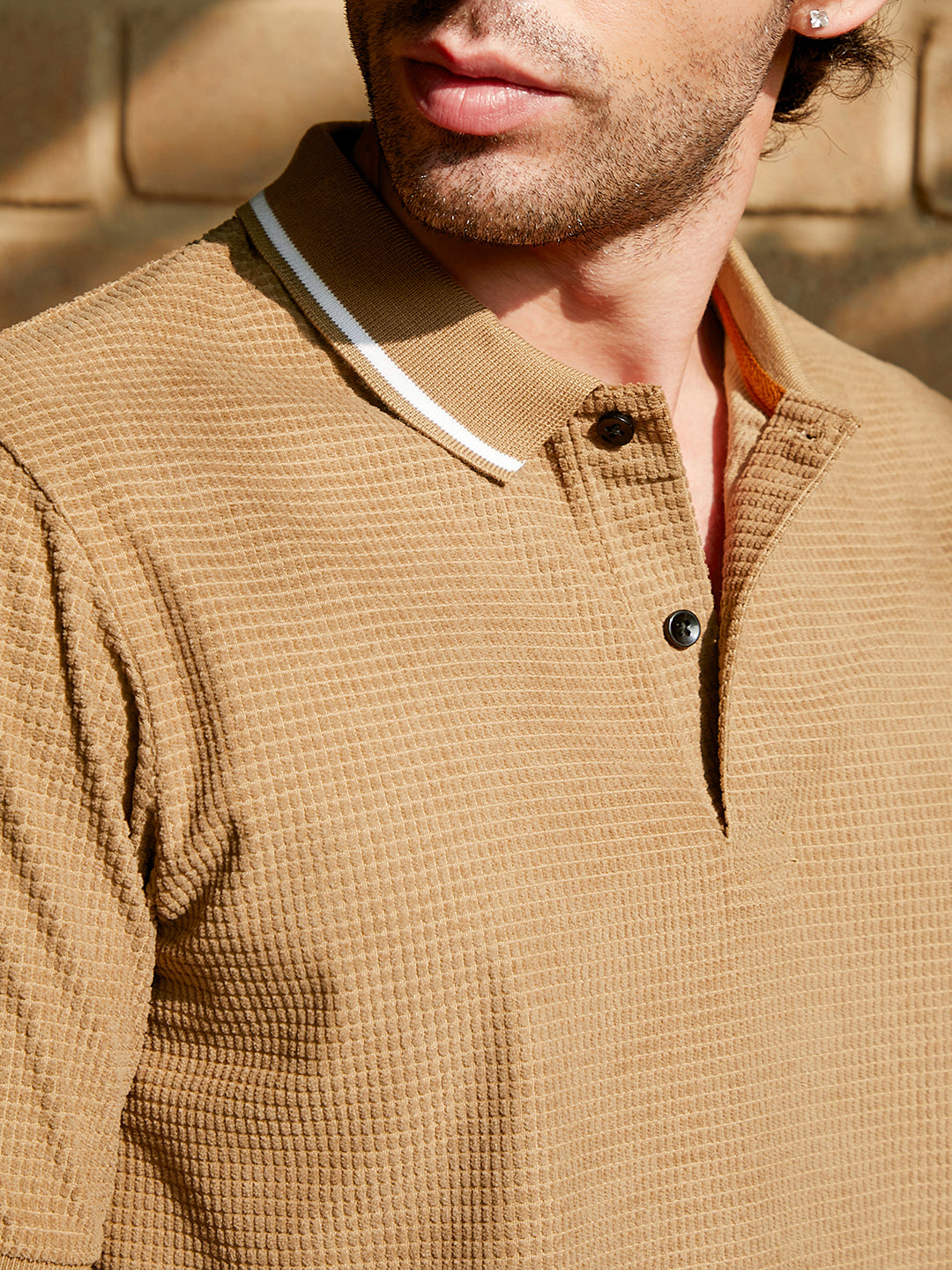 Men Camel Brown Cubic-Jacquard Polo T-Shirt
