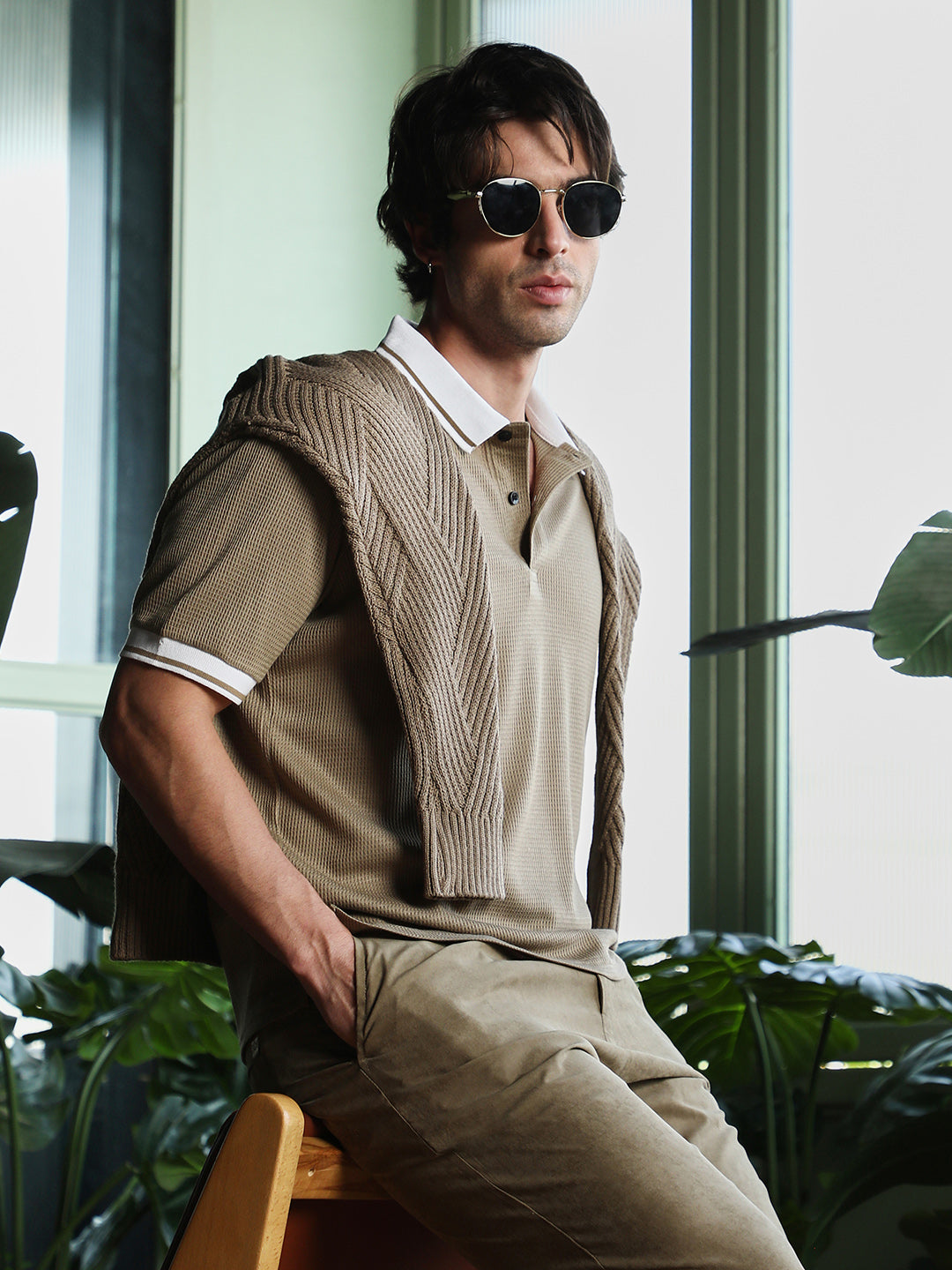 Men Khaki Beige Waffle-Tactile Polo T-Shirt