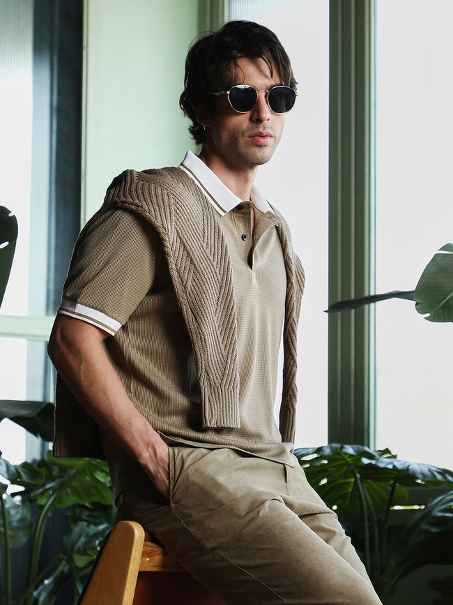Men Khaki Beige Waffle-Tactile Polo T-Shirt