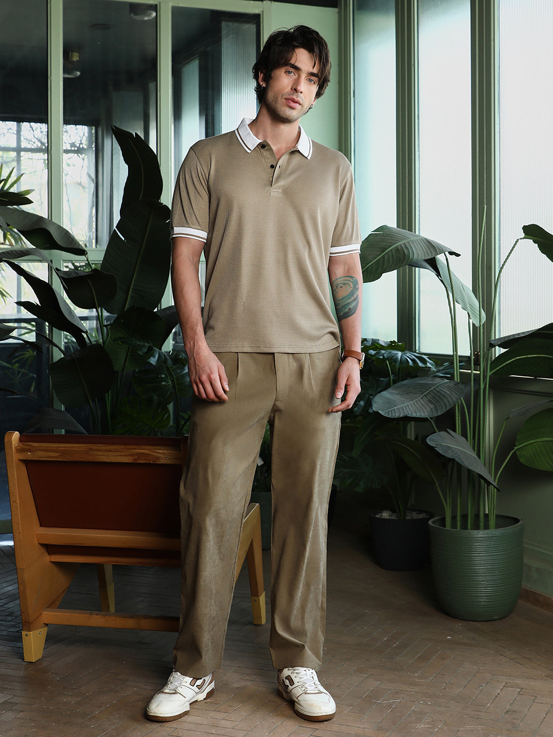 Men Khaki Beige Waffle-Tactile Polo T-Shirt