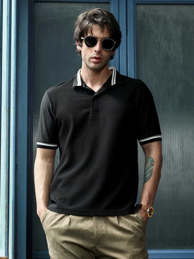 Men Onyx Black Interweave-Tactile Polo T-Shirt
