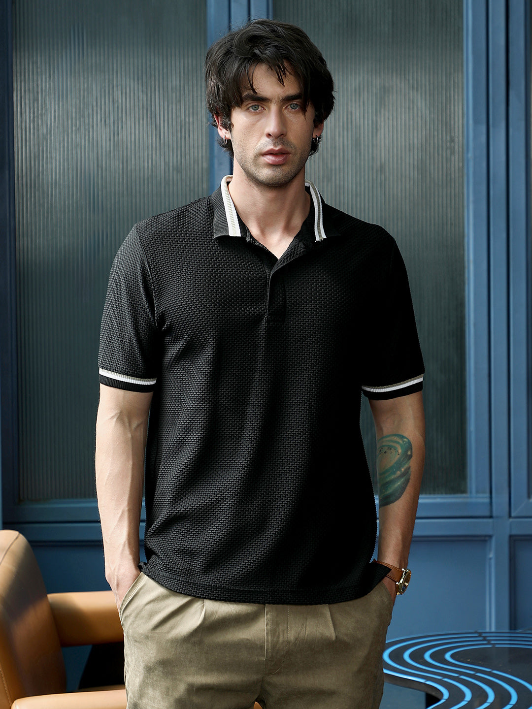 Men Onyx Black Interweave-Tactile Polo T-Shirt