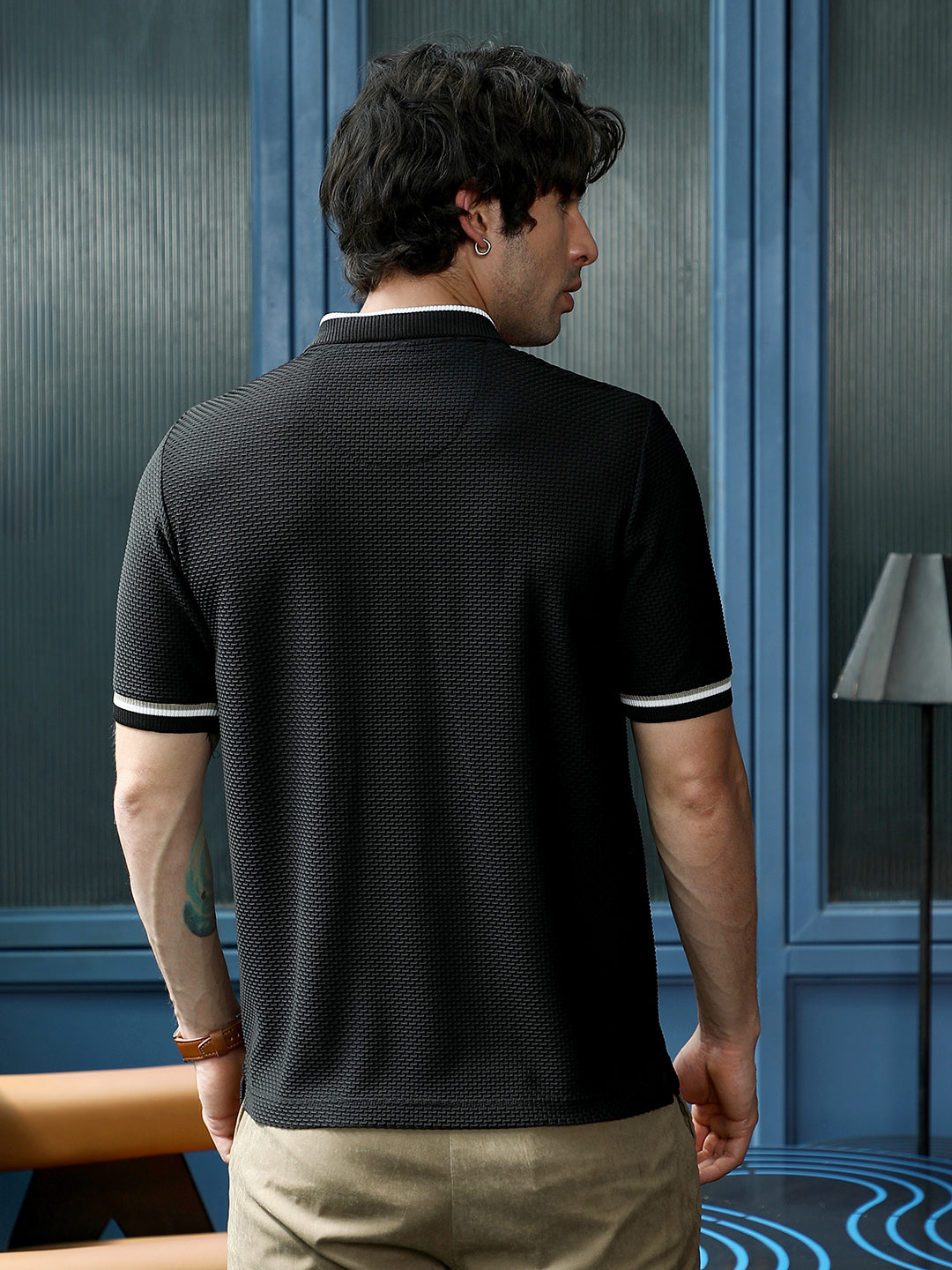 Men Onyx Black Interweave-Tactile Polo T-Shirt
