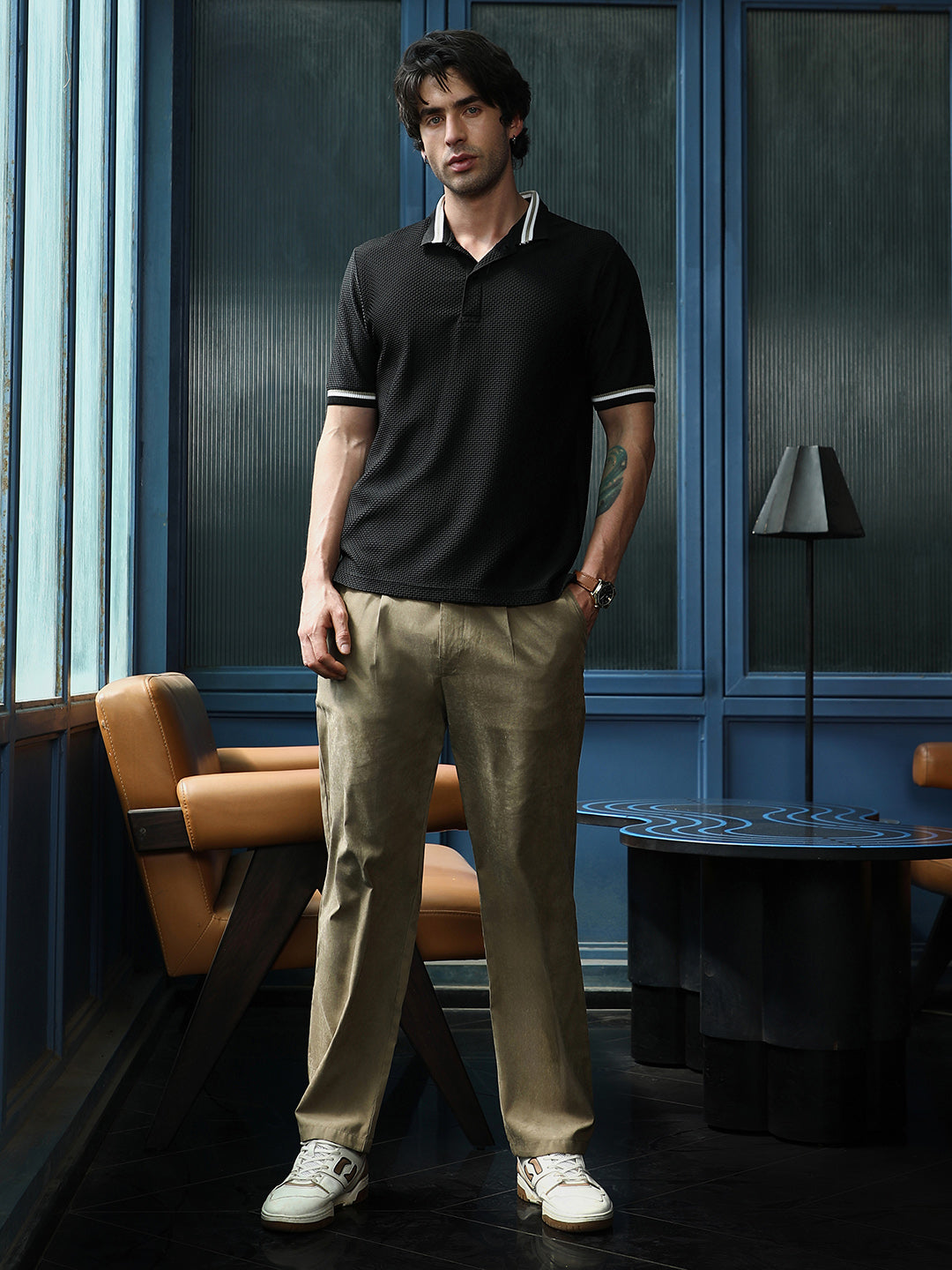 Men Onyx Black Interweave-Tactile Polo T-Shirt